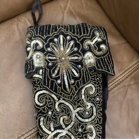 Luxury Embroidered Rhinestone Embellished Velvet Christmas Stocking Black Gold - Picture 2 of 7